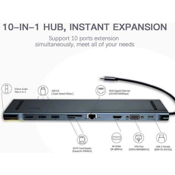 10-in-1 Type-C USB Hub Docking Station USB 3.0 to HDMI/Network Port/VGA/PD Expansion_12