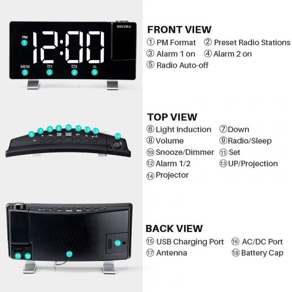 Projector FM Radio LED Display Alarm Clock_6