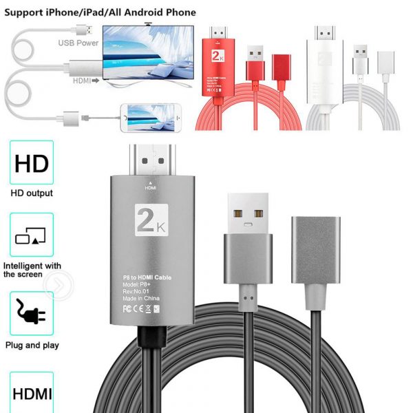 2m USB to HDMI 2K HD Cable Cord for 8-Pin Apple Devices_5