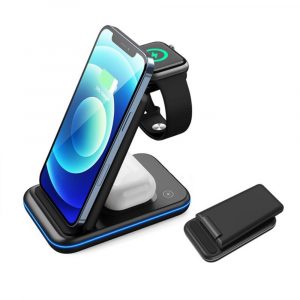 3-in-1 Foldable Wireless Charging Station for QI Devices- USB Power Supply